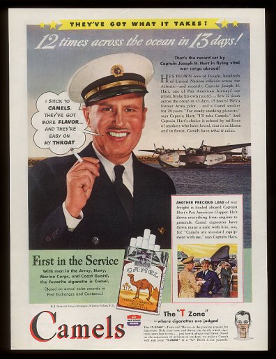 1943 A joint ad promoting Camel Cigarettes and Pan American flying boats.
